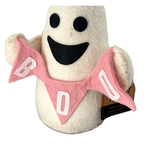 Halloween Felt Happy Ghost Pink BOO Banner 8" Weighted Greeter Sitter Decor NEW - Picture 3 of 10